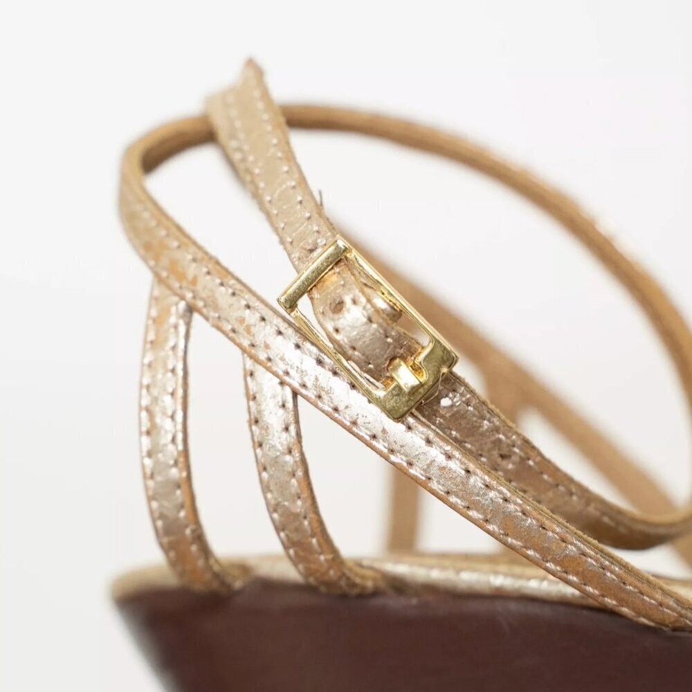 Caron Callahan Sandals Leather Gold Metallic Strappy Wedge Heel Estie - Picture 12 of 15